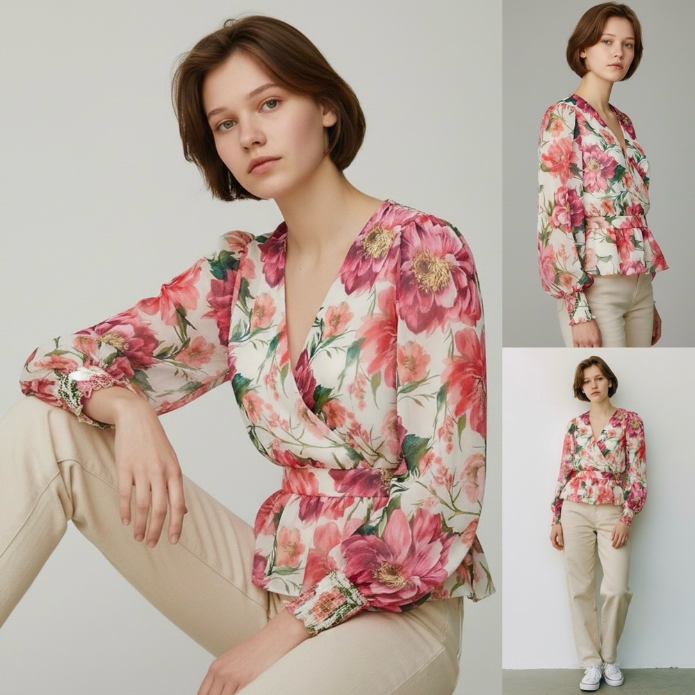 EXPRESS Peplum Faux Wrap Floral Chiffon Blouse V-Neck Long Sleeve Smocked Cuffs